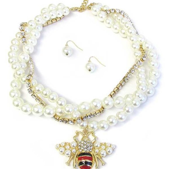 Pearl & Crystal 3 Layer Bee Pendant Necklace Set - Picture 1 of 3
